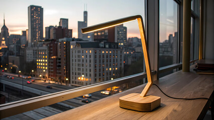 Modern wooden led desk lamp with city skyline view for home office and study lighting solutions