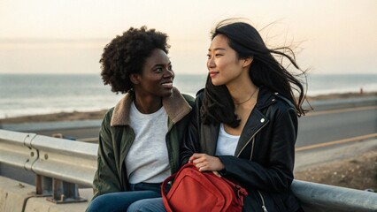 Two Diverse Women With Casual Style Sitting by the Ocean With Soft Wind and Morning Atmosphere