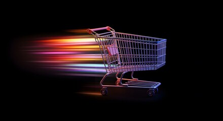 An empty metallic shopping cart, perfect for e-commerce, isolated on a black background, representing online retail and the concept of no purchases in the market