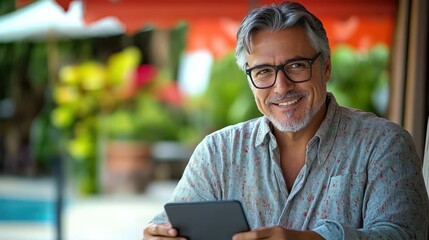 middle aged man with gray hair and glasses smiling while holding a tablet in a bright outdoor setting with blurred greenery and umbrellas in the background