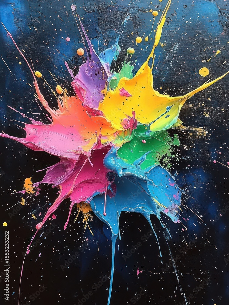 Poster bright multicolor paint splash explosion on a dark background showing dynamic motion and energetic v