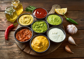 Stół kuchenny z zestawem sześciu małych miseczek, każda zawiera inny sos z różnych kuchni świata – guacamole, salsa pomidorowa, tzatziki, hummus, sos sojowy i chutney mango