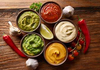 Stół kuchenny z zestawem sześciu małych miseczek, każda zawiera inny sos z różnych kuchni świata – guacamole, salsa pomidorowa, tzatziki, hummus, sos sojowy i chutney mango