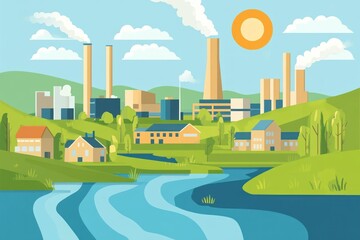 Fototapeta premium Industrial landscape with residential area by a river.