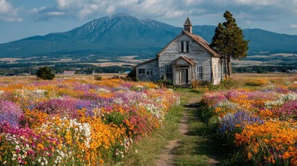 Church in a Wildflower Meadow: An old, weathered church stands serenely amidst a vibrant field of wildflowers, a majestic mountain providing a stunning backdrop.