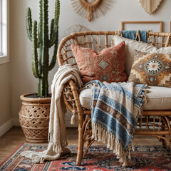 Bohemian lounge interior with peacock rattan accent chairs, multi-layered blankets and hand-woven cushions next to tall cactus and patterned rug