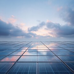 Solar panels reflect the vibrant colors of a sunset sky, promoting renewable energy.