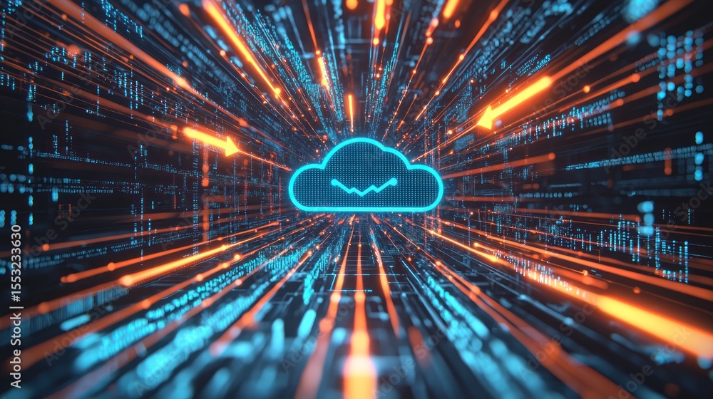 Poster cloud computing technology visualized in a data stream.