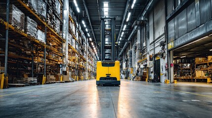 A yellow forklift stands ready in a spacious warehouse filled with inventory and goods.