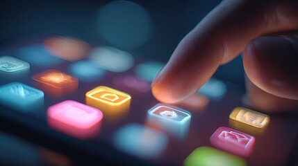 Finger touching a glowing app icon on a smartphone screen, in a close-up shot.