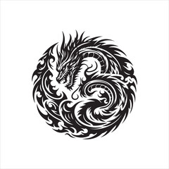 Intricate black and white dragon design coiled in a circle, with detailed scales and flowing flames.