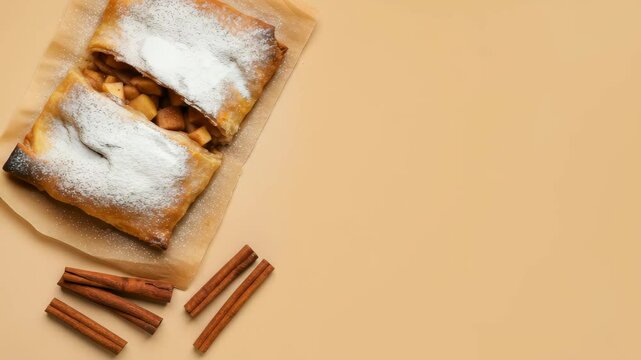 Freshly baked apple strudel with cinnamon on warm beige background