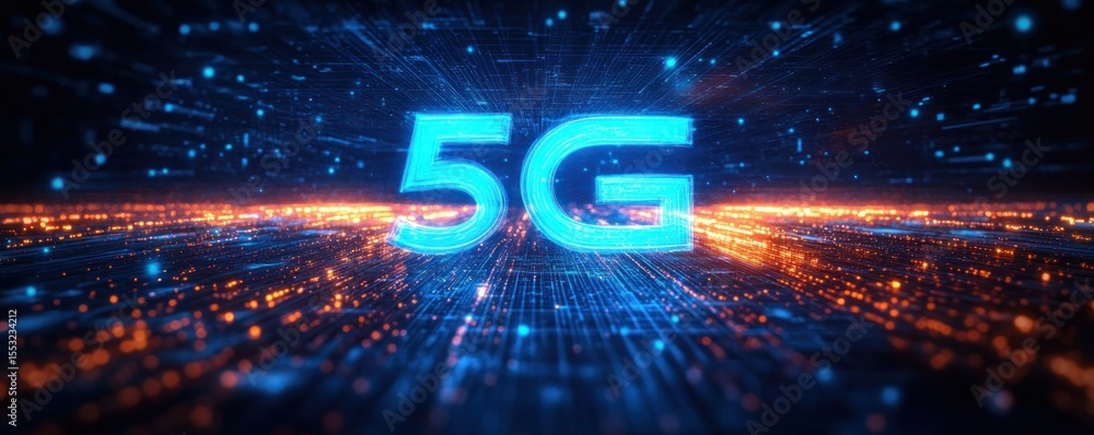 Poster glowing blue 5g text with dynamic orange and blue digital data streams surrounding it in a futuristi