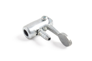 Close-up of a metal air chuck or tire inflator nozzle used for connecting air compressors to tire valves, isolated on white background.