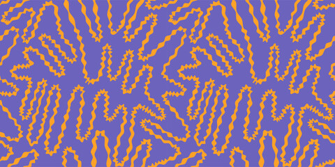 Seamless funky groovy abstract Halloween background. Unusual trendy modern psychedelic maze creative repeat pattern. Uneven hand drawn zigzag continuous distorted doodle endless line, wavy stripe.