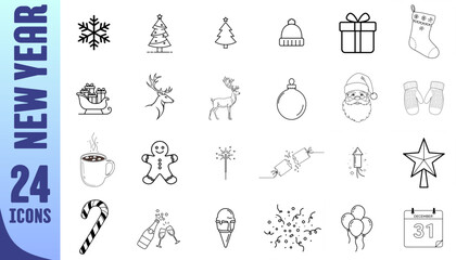 New Year holiday icons in various festive themes and designs  