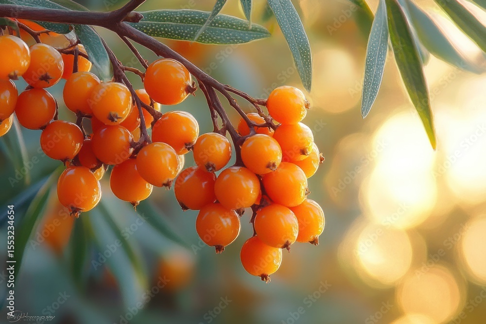 Poster close-up of vibrant orange berries clustered on a leafy branch with a soft, glowing sunlight backgro