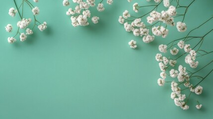 Delicate white baby's breath flowers arranged on edges of a soft teal background creating a calm and peaceful atmosphere