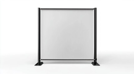Minimalist freestanding transparent protective barrier with black metal frame on a white background