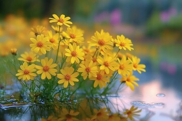 Bright yellow flowers growing near calm water reflecting the blossoms in soft natural light