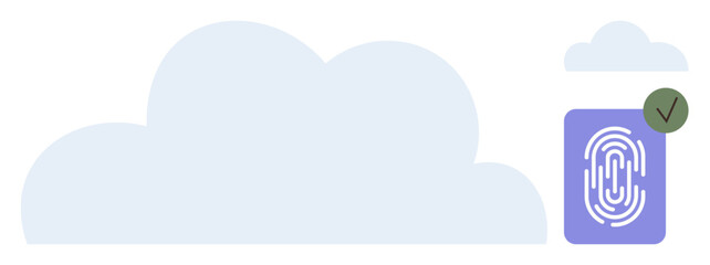 Cloud symbol next to fingerprint scanner with verification checkmark. Ideal for security, cloud technology, identification, data protection, authentication, encryption, privacy. Simple flat metaphor