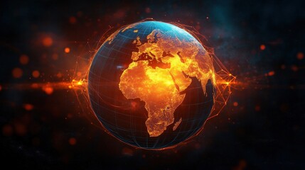 Digital glowing 3D globe focused on Africa and Europe with fiery orange heat map and blue grid lines surrounded by light network connections in dark space