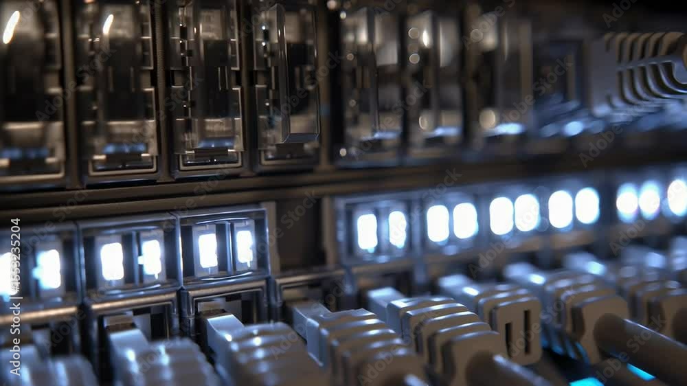 Poster close-up view of network cables and connectors in a modern data center environment