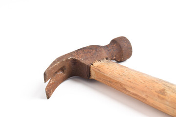 Old rusty hammer isolated on a white background. Close up