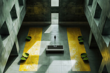 Modern architectural space showcasing symmetry, depth, and minimalistic design elements. Features large open areas, sleek surfaces, and contrasting colors for visual impact