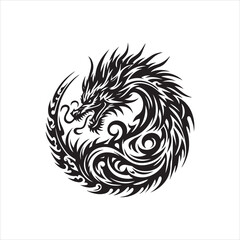Fototapeta premium Stylized black and white dragon coiled in a circular design, fierce expression, intricate detailing.