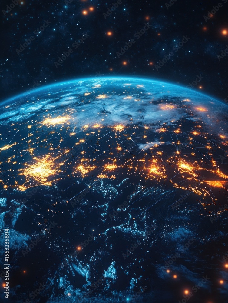 Poster glowing network connections illuminating a detailed view of earth's surface from space with visible 