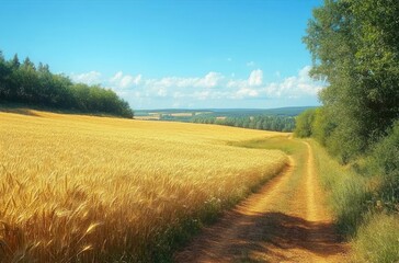 Fototapeta premium Golden wheat field beside a dirt path under a clear blue sky with some fluffy white clouds, bordered by green trees in a peaceful rural landscape