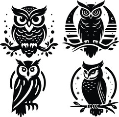 Four Unique Black and White Owl Illustrations