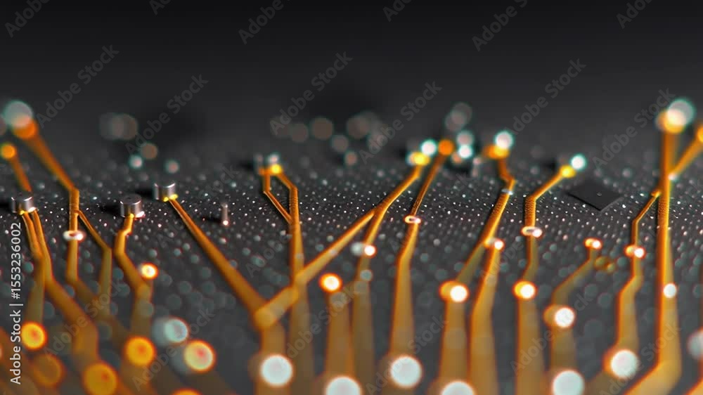 Poster abstract close-up of futuristic circuit board with glowing lines and bokeh effect