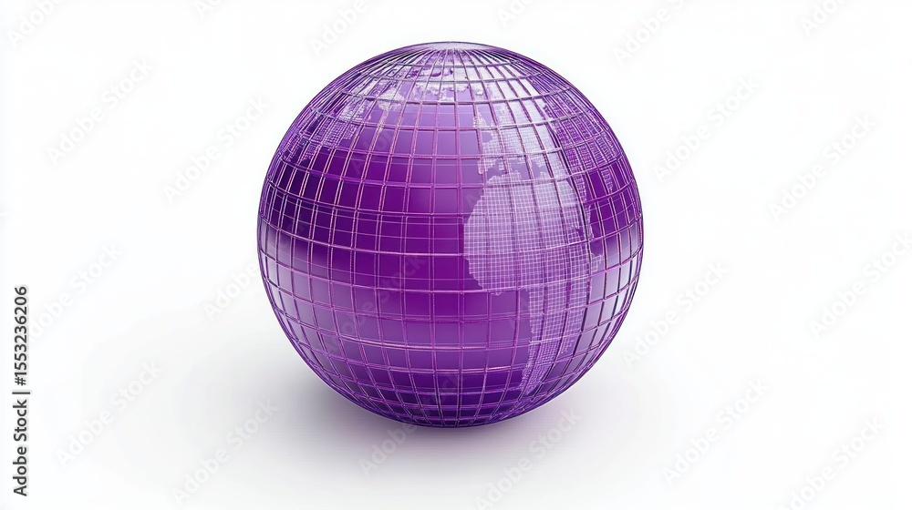 Poster purple glossy globe with transparent grid lines showing continents on white background