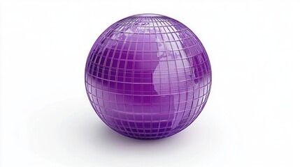 Purple glossy globe with transparent grid lines showing continents on white background