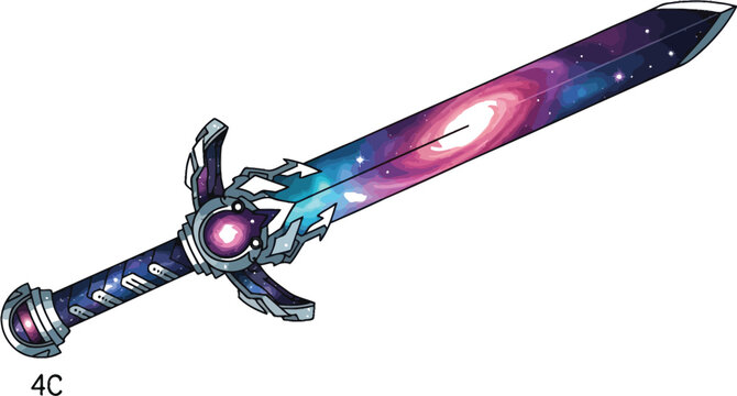 Illustration of a galaxy themed sword with a detailed hilt and a blade filled with cosmic imagery