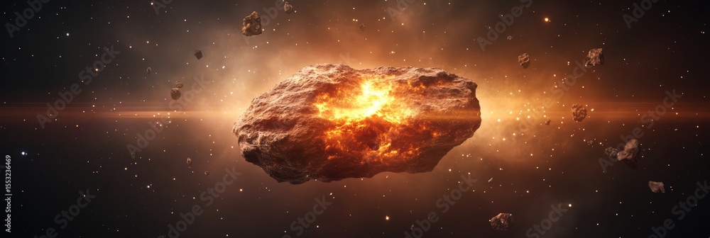 Poster massive asteroid fragmenting during violent collision, releasing sprawling debris field, generating 