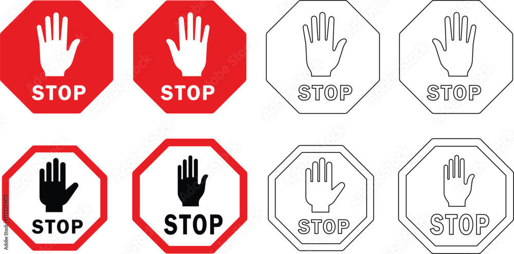 Poster multiple variations of stop signs showing hand and text in different styles and color schemes.