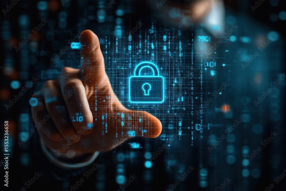 Poster close-up of hand interacting with a glowing digital lock icon surrounded by blue digital code in a f