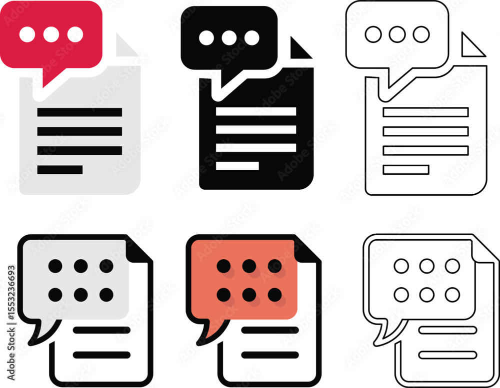 Poster set of six different variations of documents with speech bubbles for communication and information