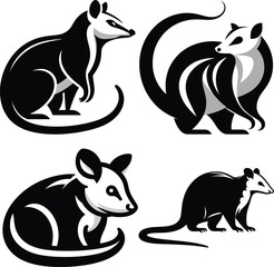 Stylized Opossum Illustrations: Four Unique Designs in Black and White