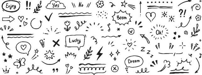 Line sketch star, arrow, heart decoration element icon set. Hand drawn sketch doodle cute star, emphasis, flower element text decoration shape vector illustration