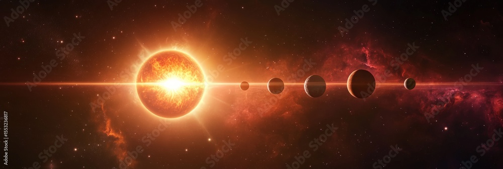 Poster Planets are orbiting a bright star in the immensity of deep space, surrounded by nebulae and distant galaxies, creating a breathtaking cosmic scene