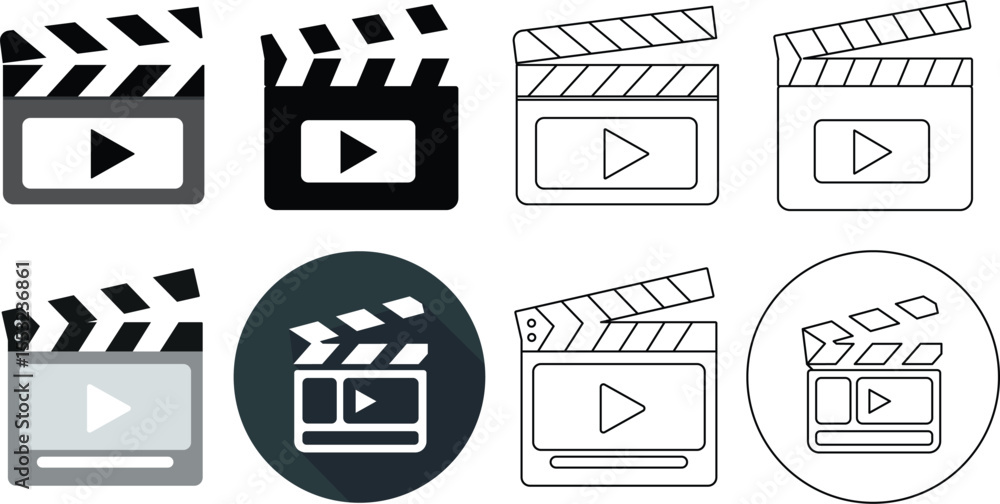 Poster vector illustrations of different clapperboard designs with play buttons ready for media related app