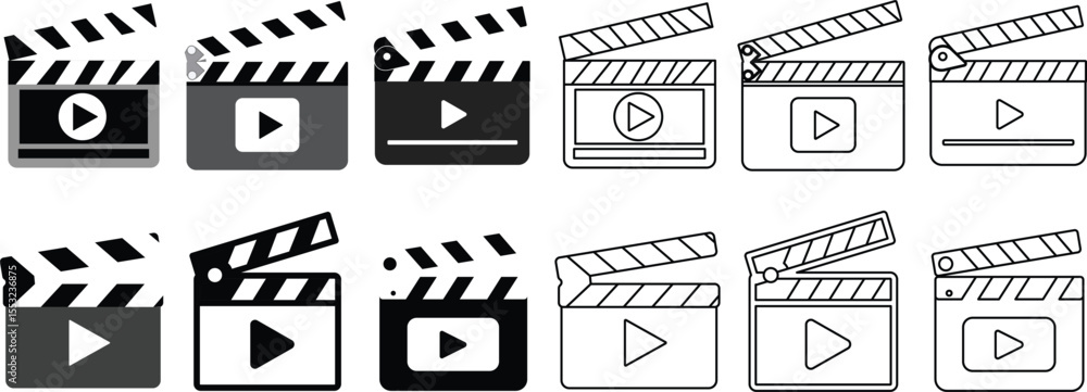 Poster a collection of film clapperboards with play button symbols in various styles