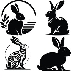 A collection of four unique rabbit illustrations, each with a distinct style and pose, ideal for logo design or branding projects.