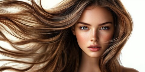 Obraz premium Close-up portrait of a young woman with long flowing light brown hair, clear skin, green eyes, and a neutral confident expression against a white background