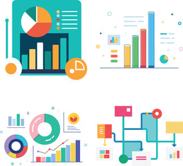 Vector art of various charts and diagrams show business data and processes