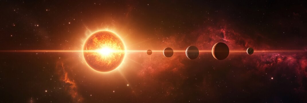 Planets are orbiting a bright star in the immensity of deep space, surrounded by nebulae and distant galaxies, creating a breathtaking cosmic scene